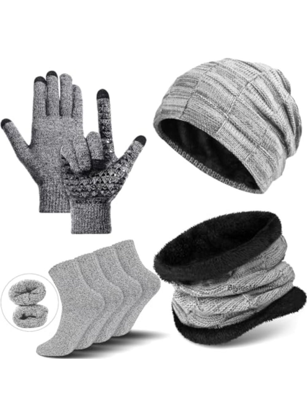 Winter Fleece Lined Beanie Scarf Touchscreen Gloves Sock Set Wool Knit Warm